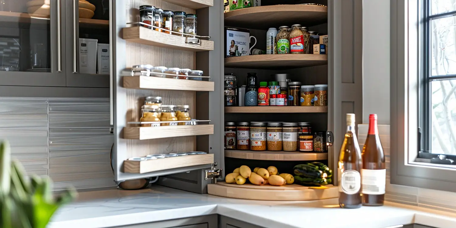 Étagères d’angle de cuisine avec conserves, pots et légumes.