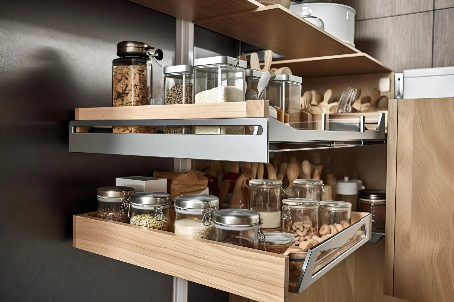 Tiroirs de cuisine en bois remplis de bocaux d'épices et d’ustensiles.